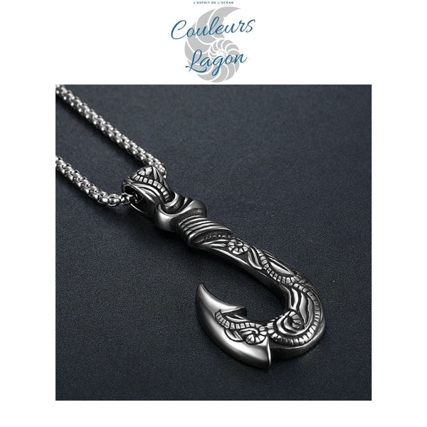 3/4 gauche - Pendentif Vintage Acier Inoxydable au Titane Hameçon Viking Ocean - Couleurs Lagon