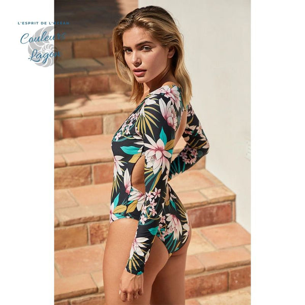 Rashguard Kite Surf Manche Longue Dos Nu FLORAL - Couleurs Lagon - dos nu et coté