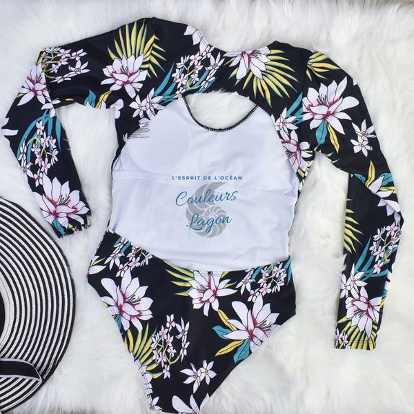 Rashguard Kite Surf Manche Longue Dos Nu FLORAL - Couleurs Lagon - dos nu