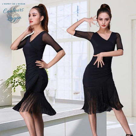 Robe de Danse Latine Sexy Manches mi longues Jupe à Franges - Couleurs Lagon