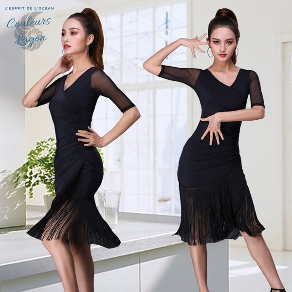 Robe de Danse Latine Sexy Manches mi longues Jupe à Franges - Couleurs Lagon