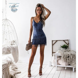 Robe de Noël bleue en V profond et sexy - Couleurs Lagon