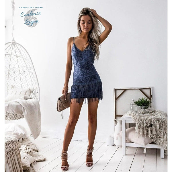 Robe de Noël bleue en V profond et sexy - Couleurs Lagon