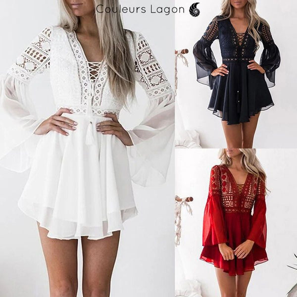 Robe en mousseline Criss Cross Crochet Dentelle à manches longues - Couleurs Lagon