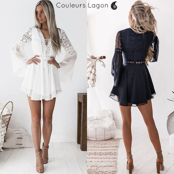 Robe en mousseline Criss Cross Crochet Dentelle à manches longues - Couleurs Lagon