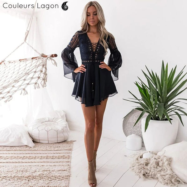 Robe en mousseline Criss Cross Crochet Dentelle à manches longues - Couleurs Lagon