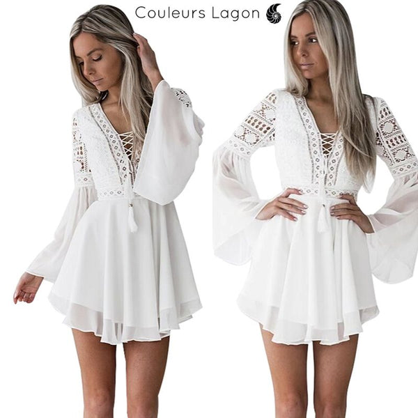 Robe en mousseline Criss Cross Crochet Dentelle à manches longues - Couleurs Lagon