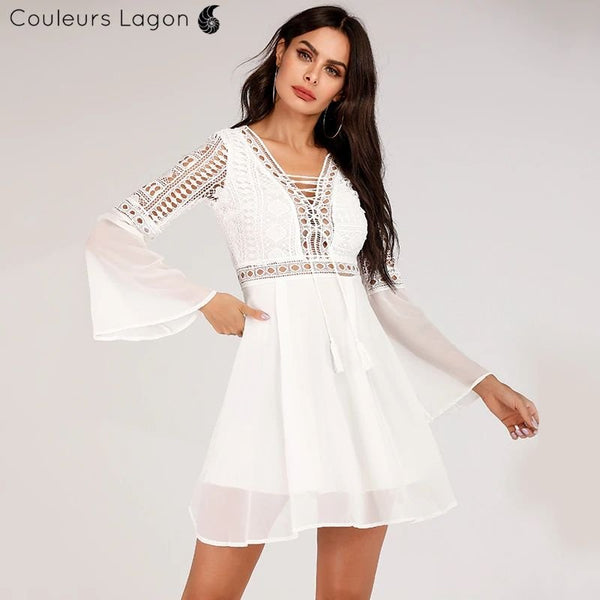 Robe en mousseline Criss Cross Crochet Dentelle à manches longues - Couleurs Lagon