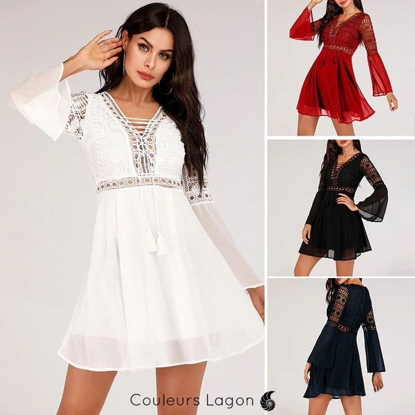 Robe en mousseline Criss Cross Crochet Dentelle à manches longues - Couleurs Lagon