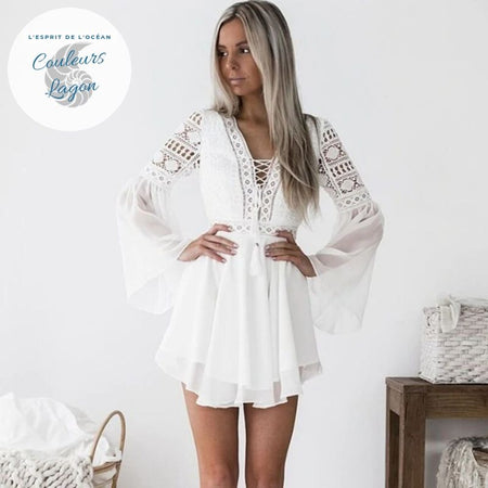 Robe en mousseline Criss Cross Crochet Dentelle à manches longues - Couleurs Lagon
