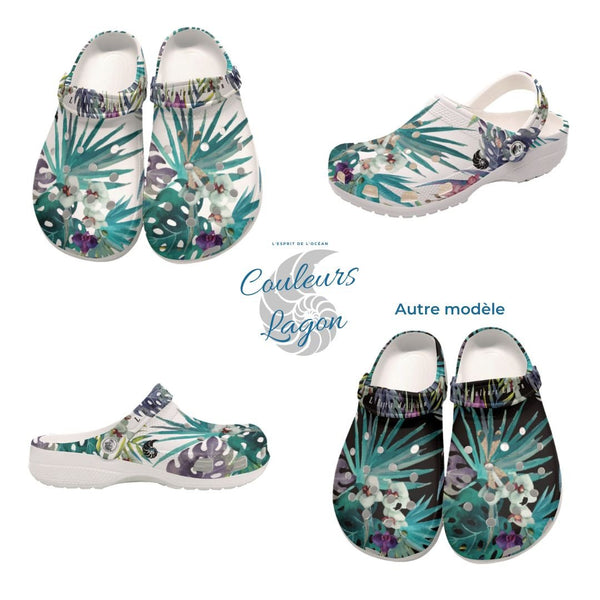 Sabots Femmes Blanc Floral Libellule - Couleurs Lagon