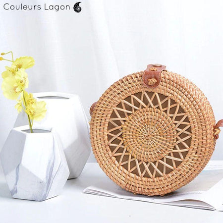 Sac Rotin Bandoulière Motif Etoile Double - Couleurs Lagon