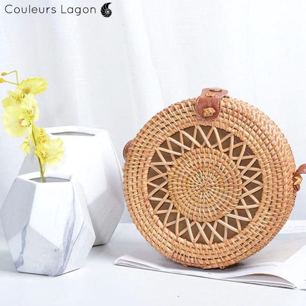 Sac Rotin Bandoulière Motif Etoile Double - Couleurs Lagon