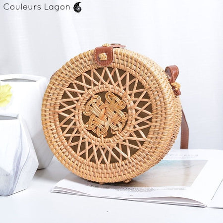 Sac Rotin Bandoulière Motif Etoile Double Higanbana - Couleurs Lagon