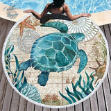 Serviette de plage ronde microfibre OCEAN motif tortue - Couleurs Lagon