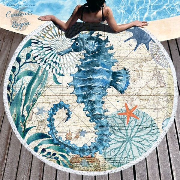 Serviette de plage ronde microfibre OCEAN motif hippocampe - Couleurs Lagon