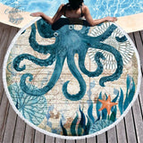 Serviette de plage ronde microfibre OCEAN motif poulpe - Couleurs Lagon