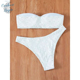 Sexy Bikini 2 pièces Bandeau O Brodé Ajouré et Bas Tangua - Couleurs Lagon