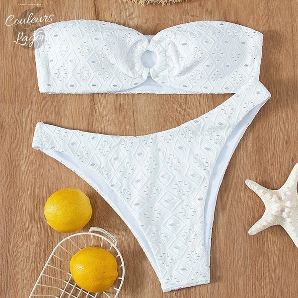 Sexy Bikini 2 pièces Bandeau O Brodé Ajouré et Bas Tangua - Couleurs Lagon