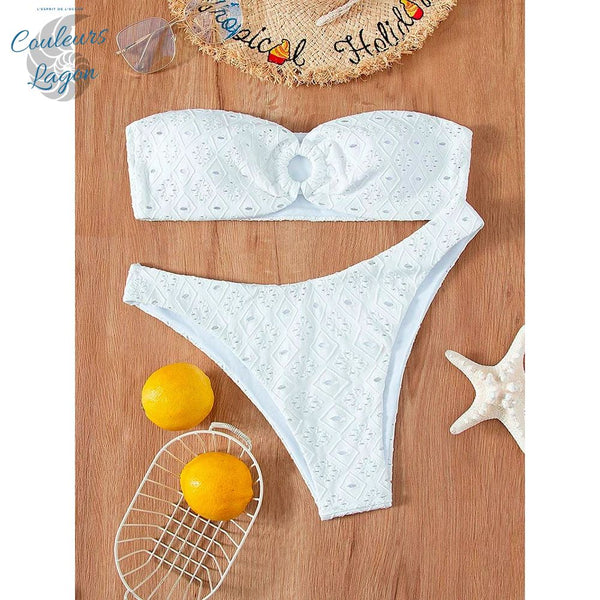 Sexy Bikini 2 pièces Bandeau O Brodé Ajouré et Bas Tangua - Couleurs Lagon