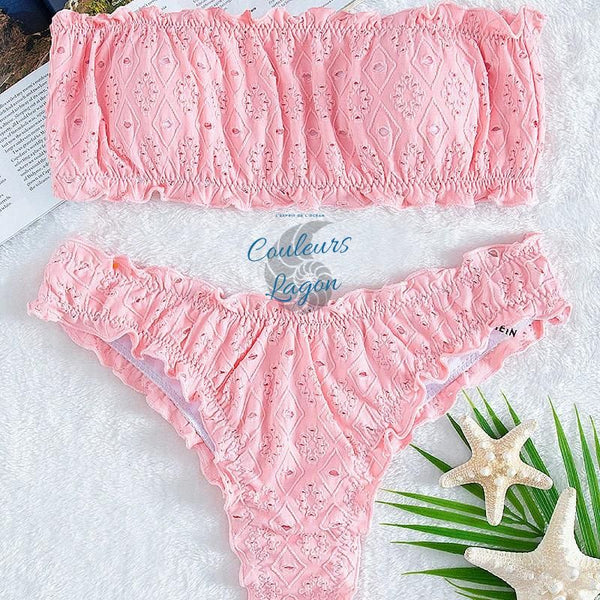 Sexy Bikini 2 pièces Brodé Ajouré à Volant Bas Tangua - Couleurs Lagon