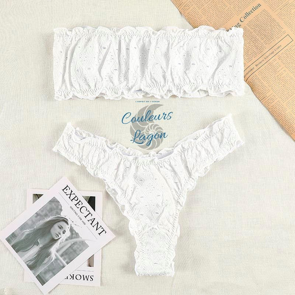 Sexy Bikini 2 pièces Brodé Ajouré à Volant Bas Tangua - Couleurs Lagon