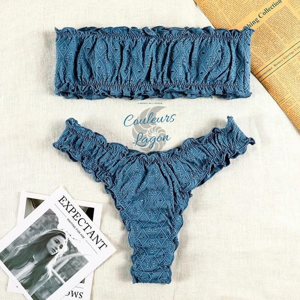 Sexy Bikini 2 pièces Brodé Ajouré à Volant Bas Tangua - Couleurs Lagon