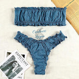 Sexy Bikini 2 pièces Brodé Ajouré à Volant Bas Tangua - Couleurs Lagon