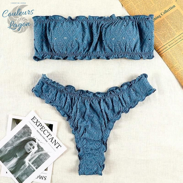 Sexy Bikini 2 pièces Brodé Ajouré à Volant Bas Tangua - Couleurs Lagon