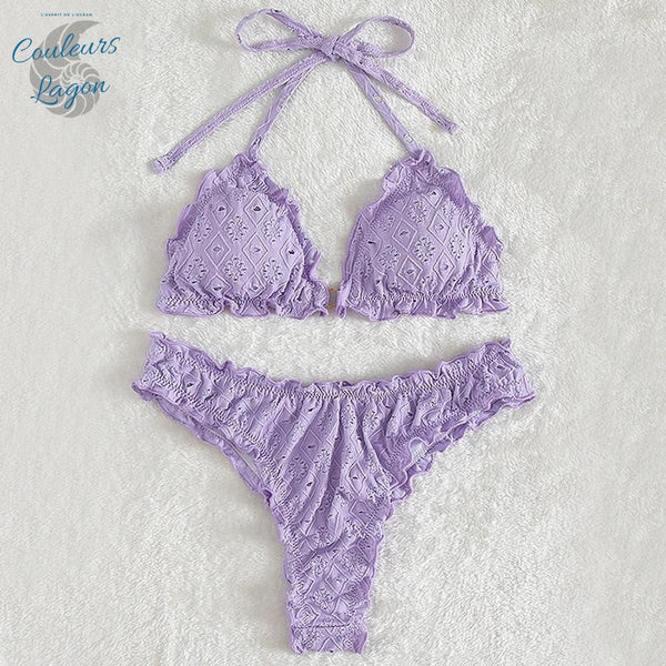 Sexy Bikini 2 pièces Brodé Ajouré à Volant Triangle et Bas Tangua - Couleurs Lagon