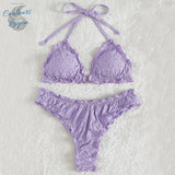 Sexy Bikini 2 pièces Brodé Ajouré à Volant Triangle et Bas Tangua - Couleurs Lagon