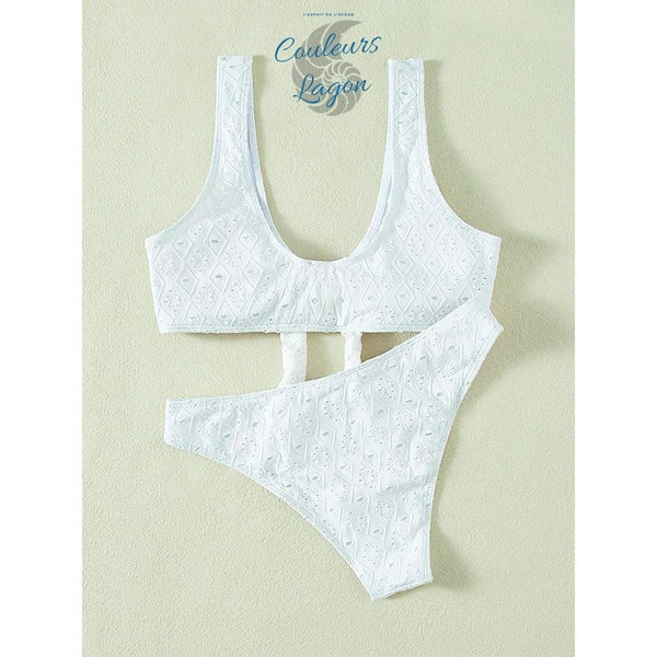 Sexy Bikini 2 pièces Brodé Ajouré Haut à Noeud et Bas Tangua - Couleurs Lagon
