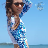 Sexy Bikini Manche Longue BLEU-OCEAN - Couleurs Lagon - haut profil droit