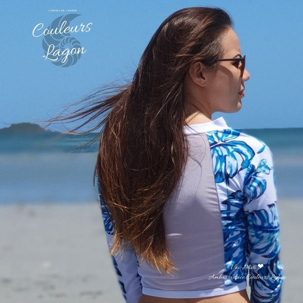 Maillot de bain anti UV femme crop top manches longues dos à maille bleu ocean UPF50+ Couleurs Lagon