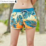 Short de bain femme tropical palmier orange teal — Couleurs Lagon SUNSET