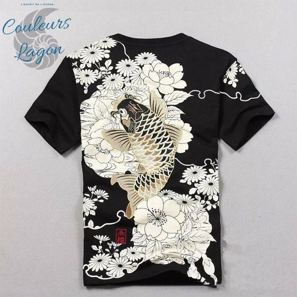 dos noir - T-shirt Homme col rond Broderie Carpe Koï - Couleurs Lagon