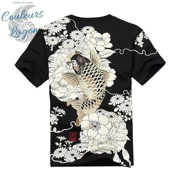 dos noir - T-shirt Homme col rond Broderie Carpe Koï - Couleurs Lagon