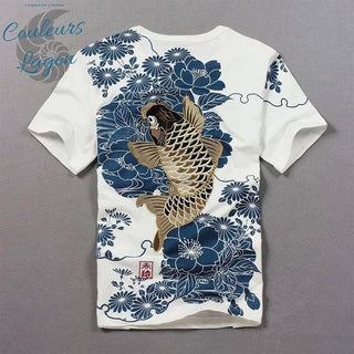 dos blanc - T-shirt Homme col rond Broderie Carpe Koï - Couleurs Lagon