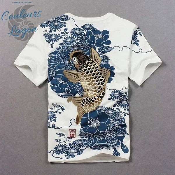 dos blanc - T-shirt Homme col rond Broderie Carpe Koï - Couleurs Lagon