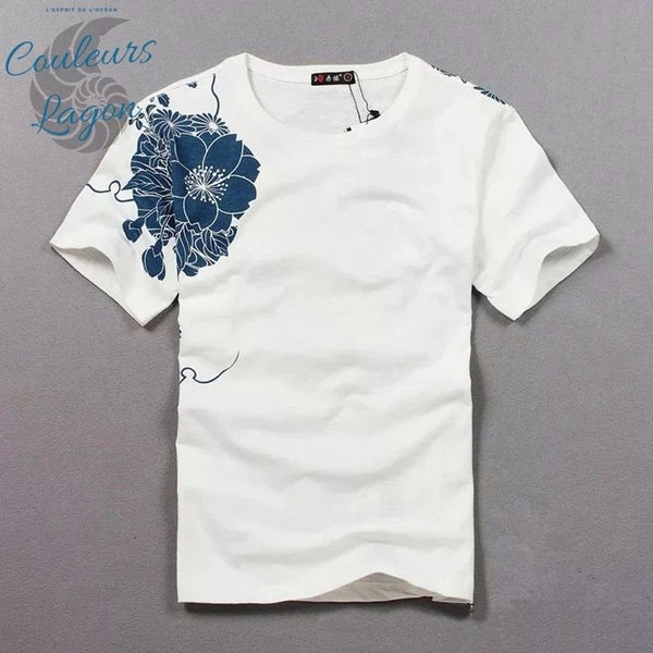 avant blanc - T-shirt Homme col rond Broderie Carpe Koï - Couleurs Lagon