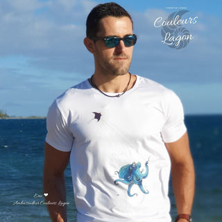 T-shirt Homme Poulpe joue au cerf-volant - Couleurs Lagon