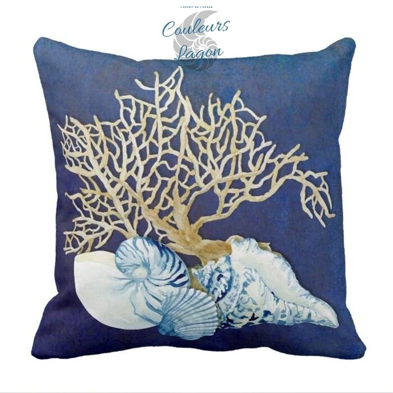 Taie d'oreiller Corail Poisson et Coquillage Bleu Océan - Couleurs Lagon