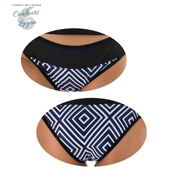 Tankini Rashguard Manche Longue Surf NOIR LOSANGE - Couleurs Lagon - détails ceinture large avant et dos de la culotte