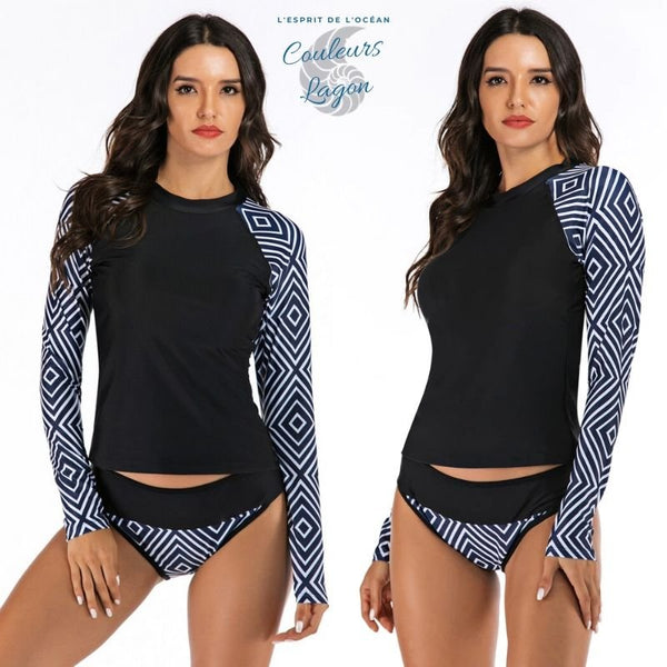 Tankini Rashguard Manche Longue Surf NOIR LOSANGE - Couleurs Lagon - avant