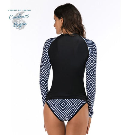 Tankini Rashguard Manche Longue Surf NOIR LOSANGE - Couleurs Lagon - dos