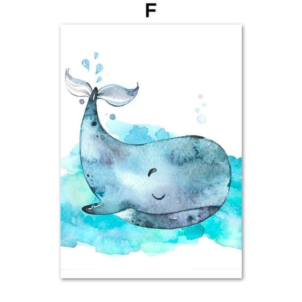 Toile impression d'art Aquarelle Animaux Marins pour Chambre d'Enfants - Couleurs Lagon