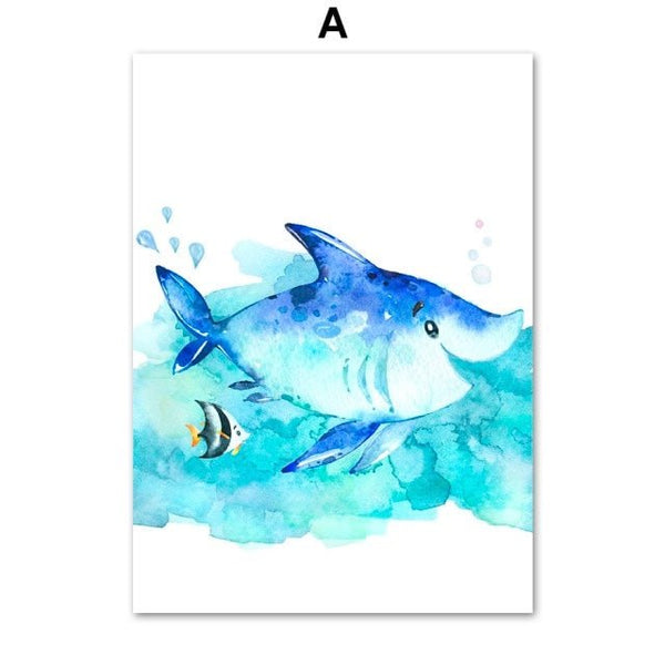 Toile impression d'art Aquarelle Animaux Marins pour Chambre d'Enfants - Couleurs Lagon