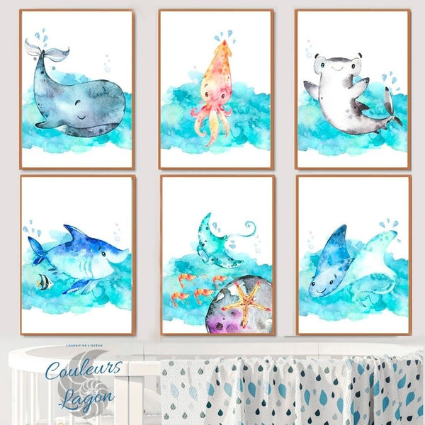 Toile impression d'art Aquarelle Animaux Marins pour Chambre d'Enfants - Couleurs Lagon