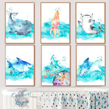 Toile impression d'art Aquarelle Animaux Marins pour Chambre d'Enfants - Couleurs Lagon