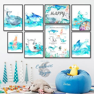 Toile impression d'art Aquarelle Animaux Marins pour Chambre d'Enfants - Couleurs Lagon
